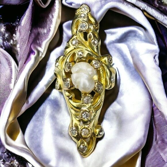14k Gold Antique Diamond Baroque Pearl Ring Size 6.5 Victorian Art Nouveau 9.9g - Picture 9 of 16